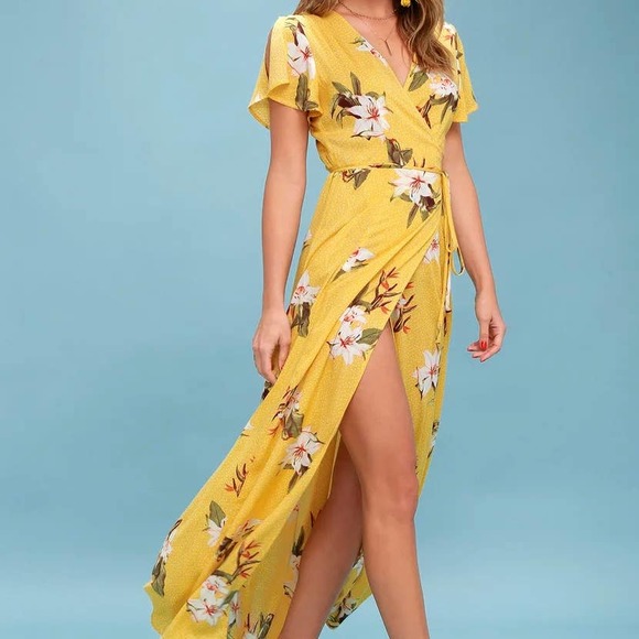 Lulus Dresses & Skirts - LULUS Heart of Marigold Yellow Tropical Print Wrap Maxi Dress
